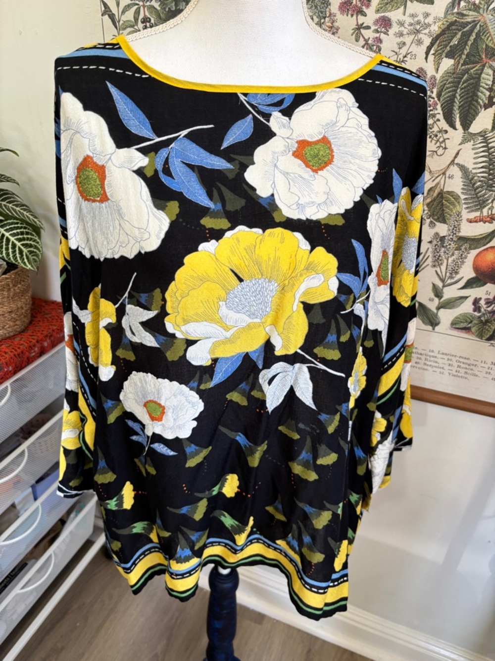 Women’s Floral Boatneck Blouse — Black and Yellow